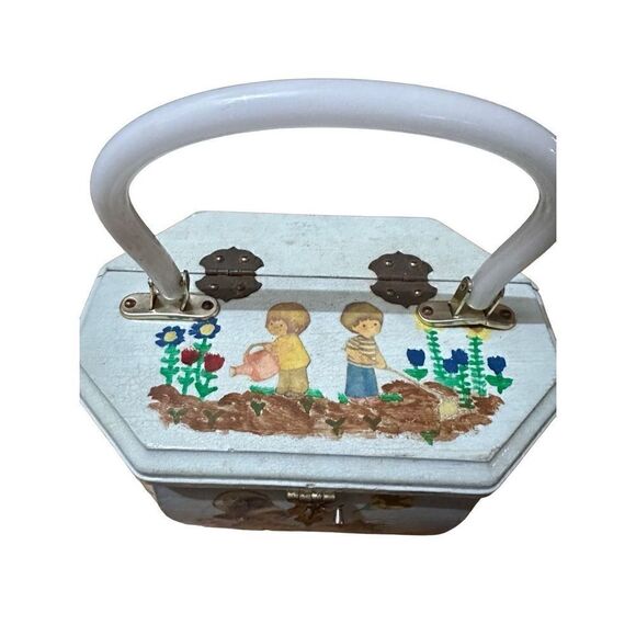 Vintage Hand painted Wood Rectangular Decoupage Handbag Purse Children Floral - Picture 4 of 16